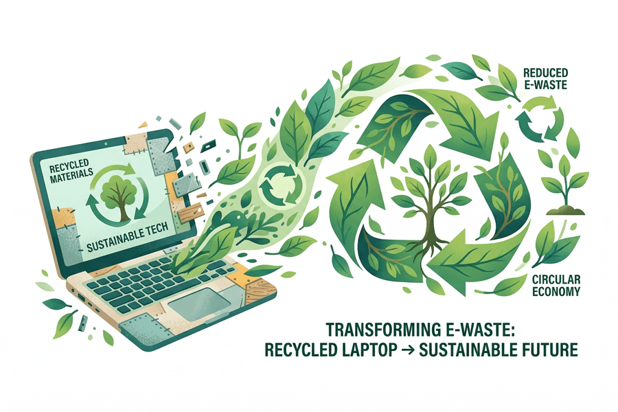Diagram showing symbols representing sustainable technology and reduced electronic waste