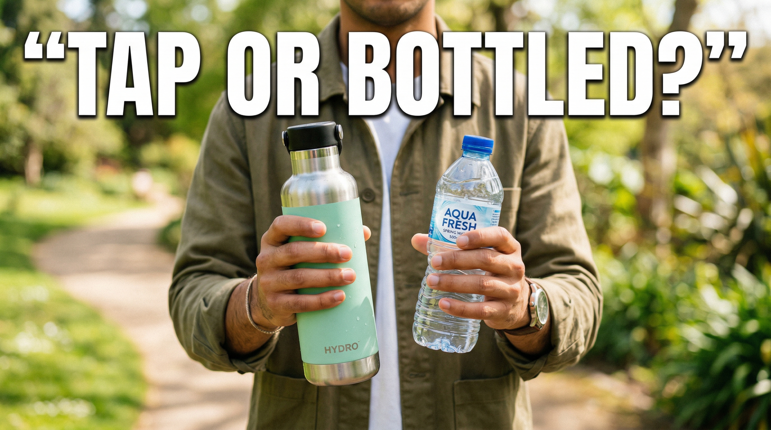A person holding a reusable water bottle in one hand and a plastic bottled water in the other. Overlay text: “Tap or Bottled?