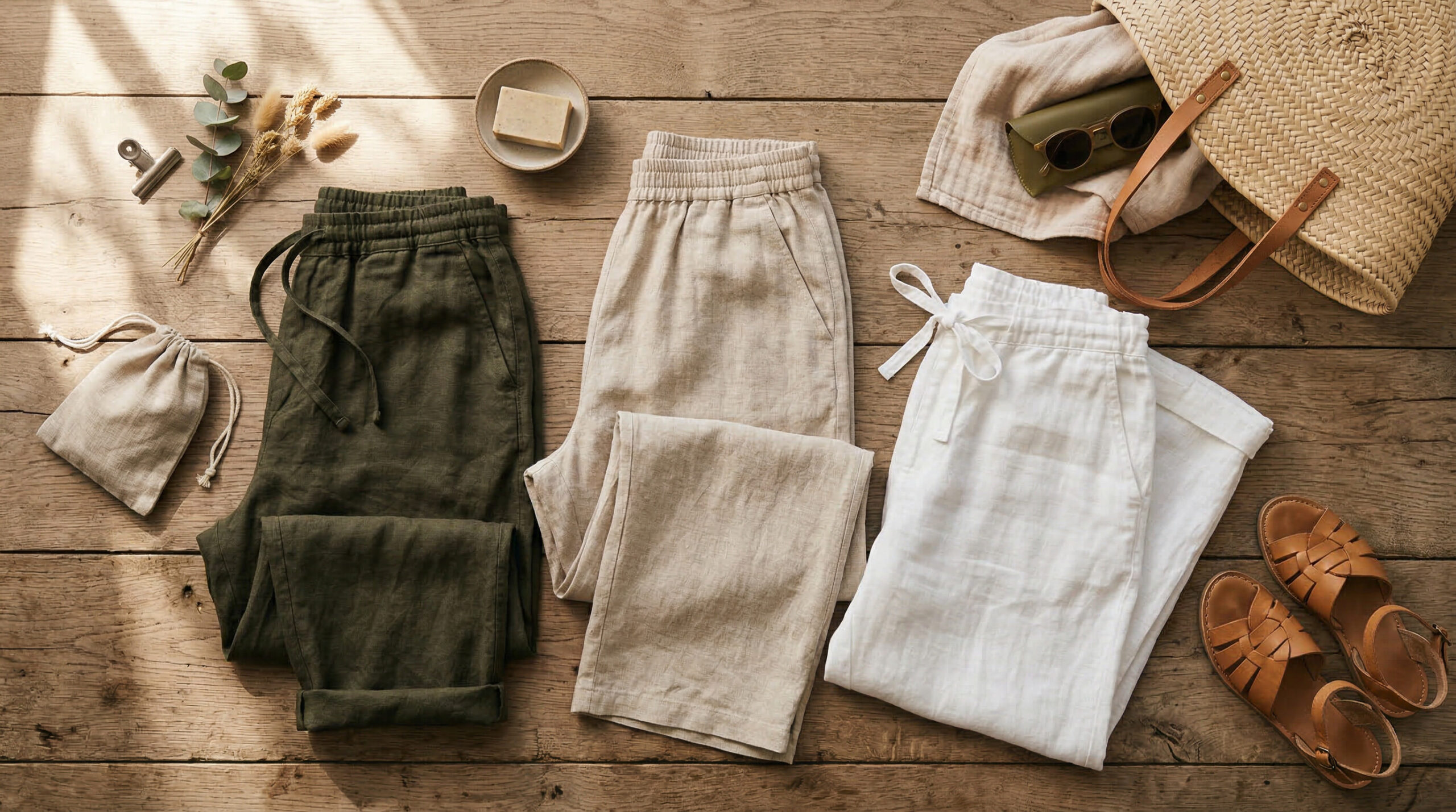 Sustainable linen pants collection including dark, light, and white pairs.